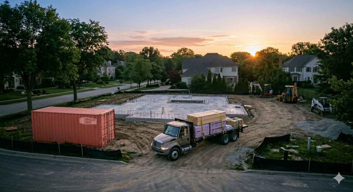 A Bright Box delivery container on a residential construction job site at sunrise